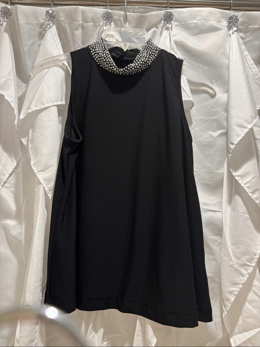 Sleeveless Black Dress with Pearl-Embellished Collar